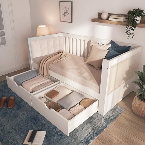 Sofá cama de 90 x 200 cm de madera blanca con cajones de terciopelo 4