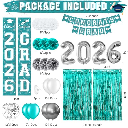 Image of Graduation Party Decorations Class of 2026, Graduation Decorations with Congrats Grad Banner Fringe Foil Curtain Paper Flower Ball Balloons for High School College Graduation Party Supplies, Teal