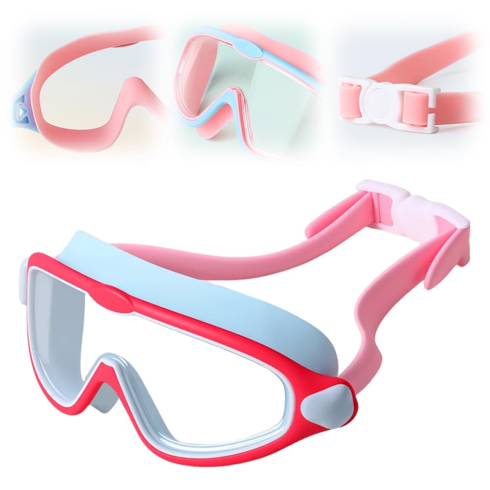 HD Children's Large Frame Waterproof and Anti-fog Swimming Goggles, 180° Wide View Swim goggles for Kids 3-15