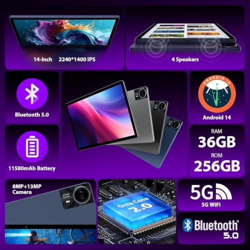 Image of 2026 Premium 14 inch Android Tablet: 2.5K IPS Display 36GB RAM 256GB ROM 1TB Expand | 8-Core 2.0HZ MT6769 Mali-G57 11580mAh Battery| 5G /2.4G WiFi Quad Box Speakers 8+13MP for Work Gaming Study-Blue