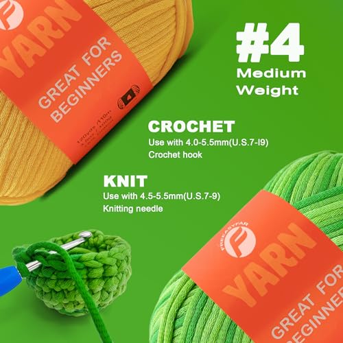 Image of 2 x 3.5Oz /120yds Beginner Easy Yarn for Crocheting and Knitting;Worsted-Weight Medium #4;Cotton Blend Yarn for Beginners Amigurumi DIY (Lawn Green+Yellow)