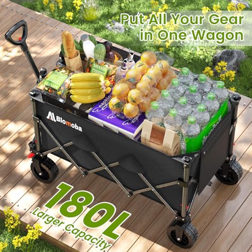 Folding Wagon Cart with Wheels, 180L 330LBS Heavy Duty Utility Wagon, Beach Wagon with All-Terrain Wheels, Portable Grocery Wagons for Camping, Shopping, Garden, Sports, Black