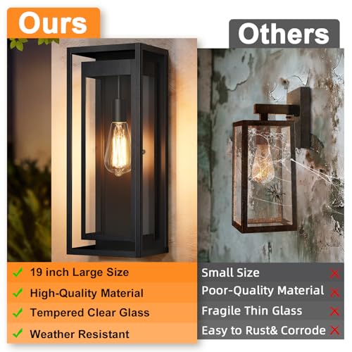 Image of 19 Inch Outdoor Wall Light Fixtures, Outside Porch Lights- Black | Large Size, Anti-Rust, Waterproof, Tempered Glass, Easy Installation, Exterior Wall Sconces for House Entryway Garage