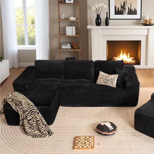 Image of HOOOWOOO Sectional L Shaped Couch,106 inch Assembly Free Modern Minimalist Sofa,Extra Deep Large Corner Sofa Couch Set in A Box for Living Room(Left Chaise Black Velvet Uphostered)