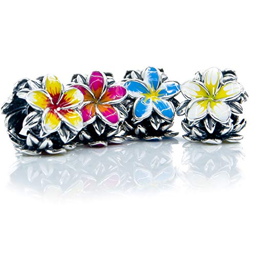 Blue Tropical Flower Plumeria Frangipani Flower Sterling Silver Charm Bead S925, Hawaiian Tropical Flower Bead, Blooming Tropical Flower, Enamel Flower Yellow Blue Jewellery, Fits Pandora #TOP7