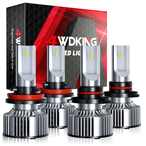 4WDKING LED Headlight Bulbs Combo H11/H8/H9 Low Beam 9005/HB3 High Beam, 120W 20000 Lumens Super Bright Headlights Conversion Kit 6500K Cool White, Pack of 4
