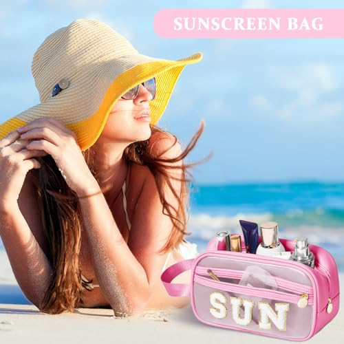 Image of COSHAYSOO Clear Sunscreen Bag Makeup Toiletries Pouch Beach Vacation Essentials Summer Travel Stuff Accessories Personalized Graduation Gifts for Her Women College Teen Girls Teacher Nurse Pink SUN