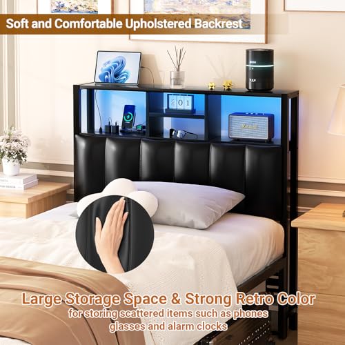 Image of Aheaplus Headboard for Twin Size Bed with Storage, Upholstered Headboards | with Outlets, USB Ports and LED Light, Reversible Twin Size Head Board, Height Adjustable, Comfortable Headboard, Black