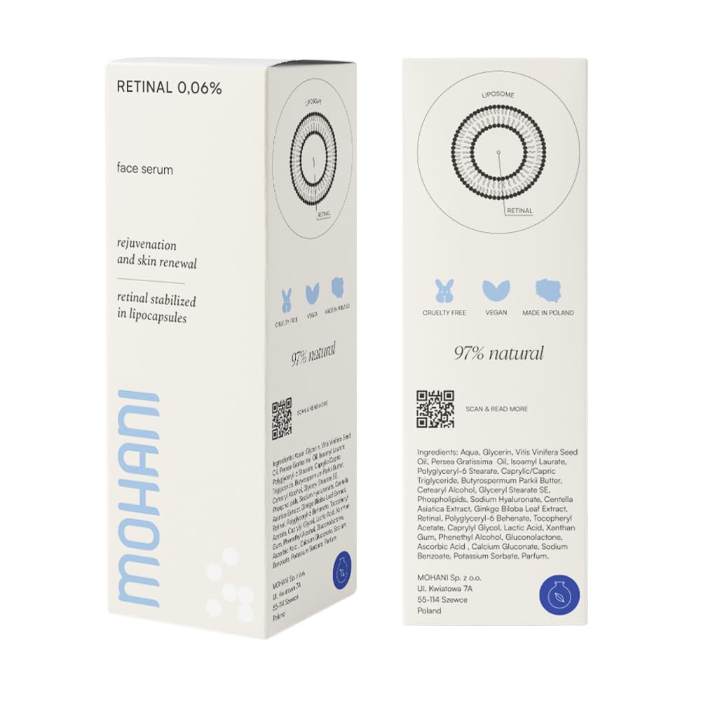 Mohani Retinal 0,06% con vitamina C siero viso e acido ialuronico | siero di retinaldeide per anti-invecchiamento e anti-rughe, cosmetici naturali vegani per ridurre i pori (30 ml)