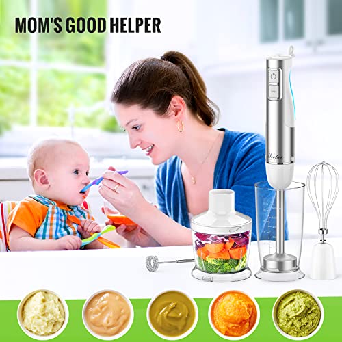 Hand Blender, 5 In 1 Multi-Purpose Immersion Blender Set, 1100 Watts 12 Adjustable Speed Stick Blender, 600Ml Beaker, 500Ml Food Processor Container, Egg Whisk, Milk Frother Attachments, White #TOP5
