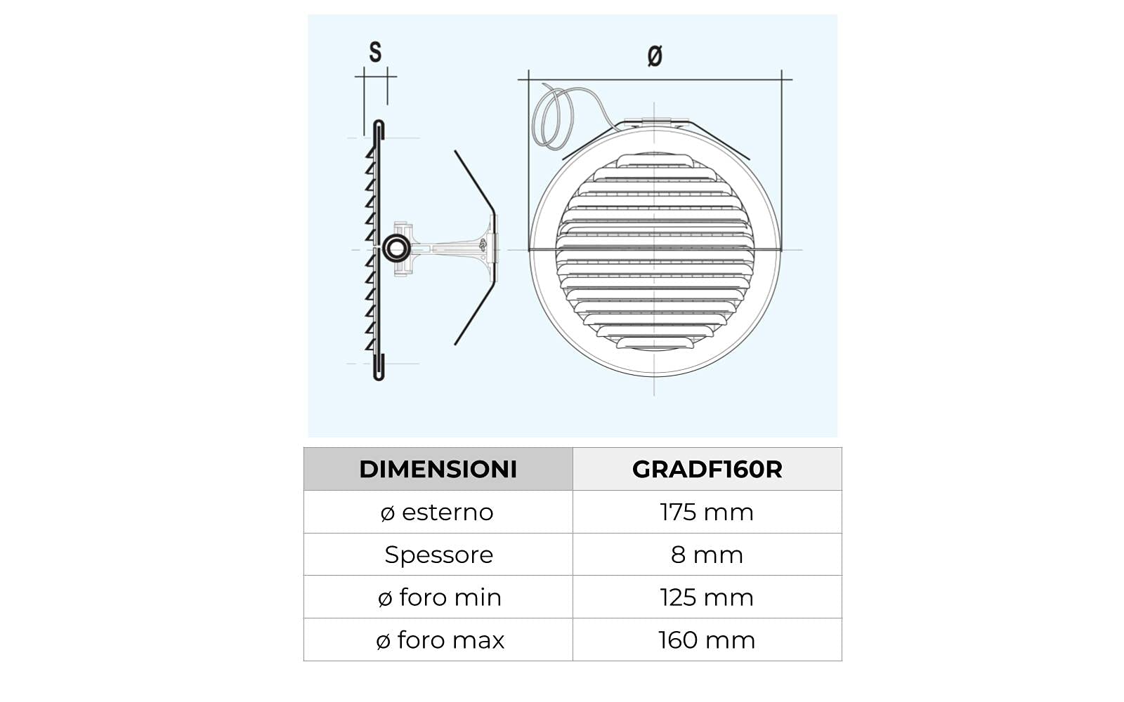 La Ventilazione GRADF160R Griglia di ventilazione tonda pieghevole in rame con rete antinsetti, diametro 175 mm