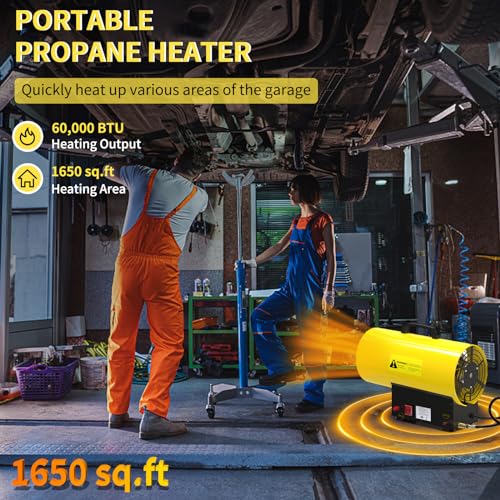 Buyplus 60,000 BTU Propane Heater, Forced Air Propane Heater with Tip-over & Overheat Protection and 5FT Propane Hose, Outdoor Heater for Greenhouse, Warehouse, Garage, Workshop up to 1650 sq. ft