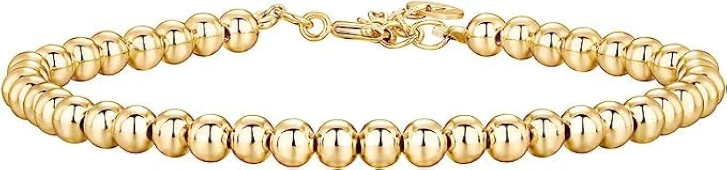 Gold Bracelets for Women, 14K Gold Plated Beaded/Cuban/Cubic Zirconia Station Chain Adjustable Bracelet for Women