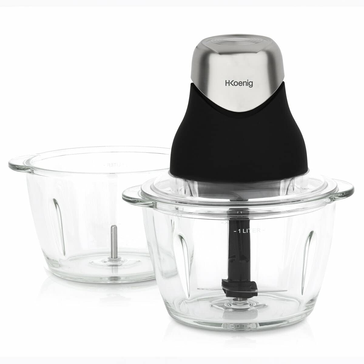 H.​Koenig Mini Hachoir Electrique Noir Mat Chrome LEO9 Résistant Bol Verre Gradué 1L Lames INOX, Facile d'utilisation, Légumes, Epices, Fruits Secs, Couvercle de conservation
