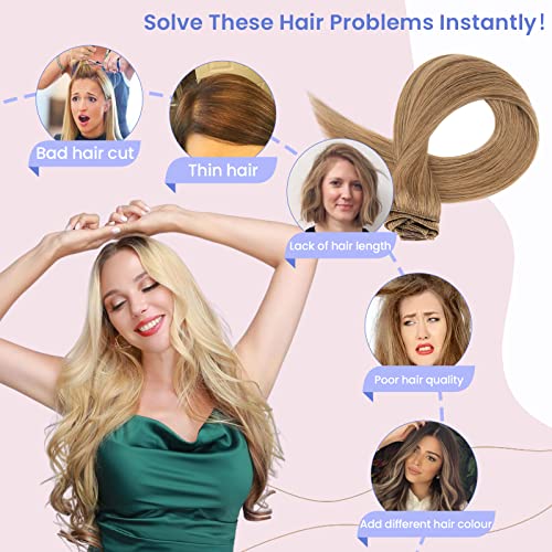 Elailite Hair Extensions Real Human Hair Clip in 8 Pieces (Thin Weft) Remy Natural Hair Full Head Straight, #27 Dark Blonde - Image 2