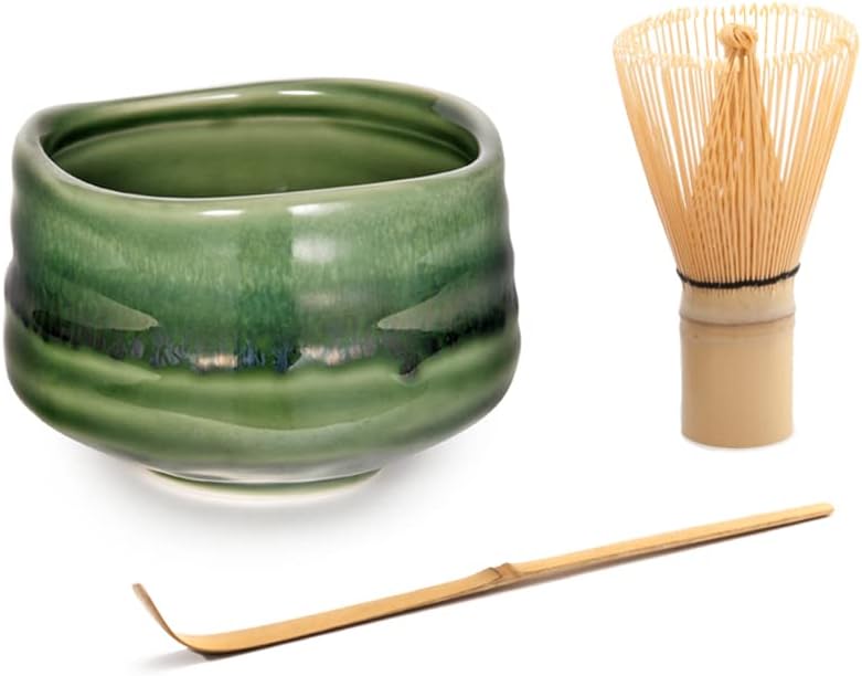Emerald Green Matcha Tea Set Ceramic Mixing Bowl Bamboo Whisk and Scoop 4.5" D