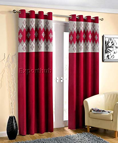 Image of Exporthub 2 Piece Fancy Maroon Plain Crush Polyetser with Patch Design Eyelet Window Curtain-Length 5 Feet, (EHSPR703 54)