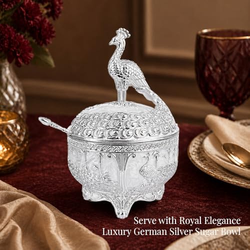 Image of Diviniti Luxury German Silver Peacock Sugar Bowl with Spoon & Gift Box | Royal Decorative Dry Fruit & Mishri Container | Premium Serving Bowl for Dining, Wedding & Festive Gift (16 cm) (Silver)