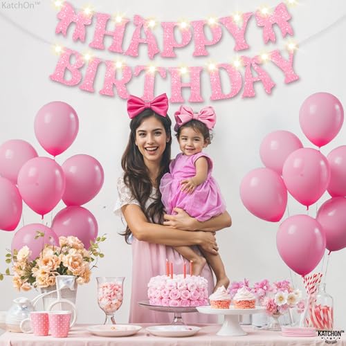 Image of KatchOn, Pink Bow Happy Birthday Banner with Lights, Pre-Strung - 10 Feet | Happy Birthday Decorations for Women, Kids | Glitter Pink Bow Party Decorations | Happy Birthday Backdrop