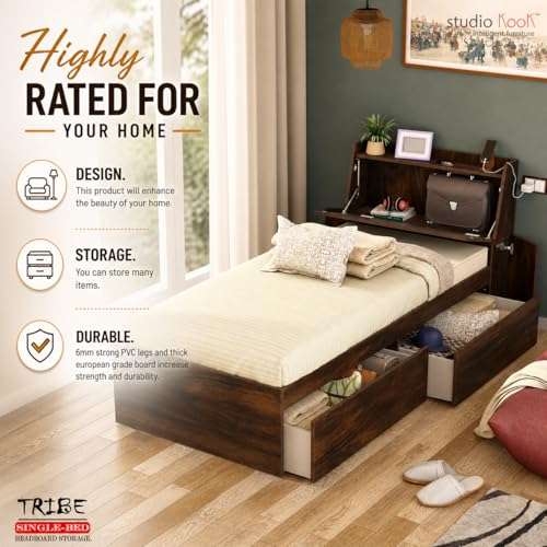 Image of Studio Kook Tribe Right Single Bed with Headboard Storage & 2 Drawers | Engineered Wood Bed | Fits 78 x 36 inch Mattress | Junglewood | Mattress Not Included
