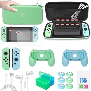 All in 1 Carry Case for Nintendo Switch, FASTSNAIL Accessories Bundle Kit with Switch Game Cases,Screen Protector Cover, Steering Wheel & Joy Con Handle Grips, Joystick Caps,Charging Cable- Green