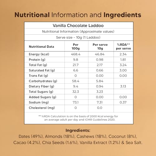 Image of Vanilla Chocolate - Sugar-Free Laddoos | High Protein & Instant Energy | 95% Dry-Fruits - Healthy Chocolate - No Added Sugar | Healthy Snacks | Energy-Bar Replacement (Pack of 4-40gm)