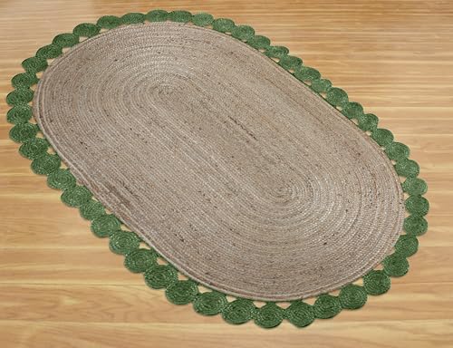 Tapis pour zone de circulation en jute tressé ovale vert beige - 6