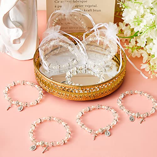 Rosary Bracelet Bulk with Mesh Bags, White Religious Rosary Bead Bracelet Catholic Bracelets, Baptism First Communion Gifts for Women4
