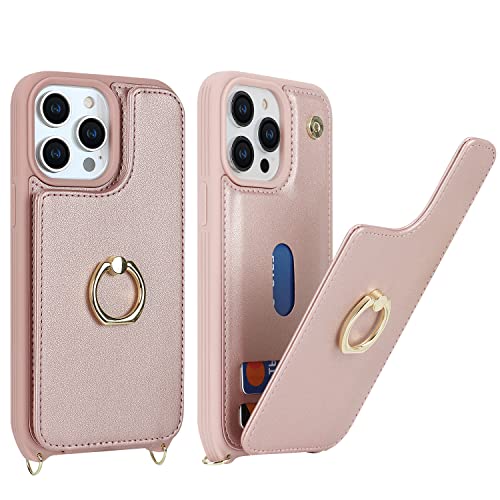 Image of for iPhone 13 Pro Case with Card Holder and Strap for Women,Crossbody Lanyard,RFID Blocking,Kickstand Ring Stand,Snap Clasp,Phone Wallet Cases 6.1 inch(Rose Gold)