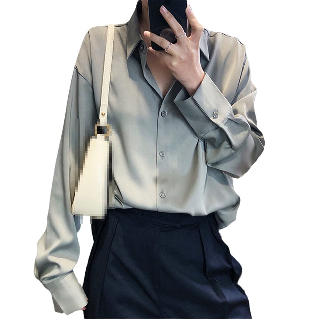 Camisas Elegantes de satén para Mujer, Camisas de Oficina Elegantes sólidas de Manga Larga, Blusas de Trabajo con Cuello Vuelto para Mujer