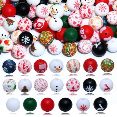 MONSEALYT 80pcs 15mm Christmas Silicone Beads for Keychain Making Pens