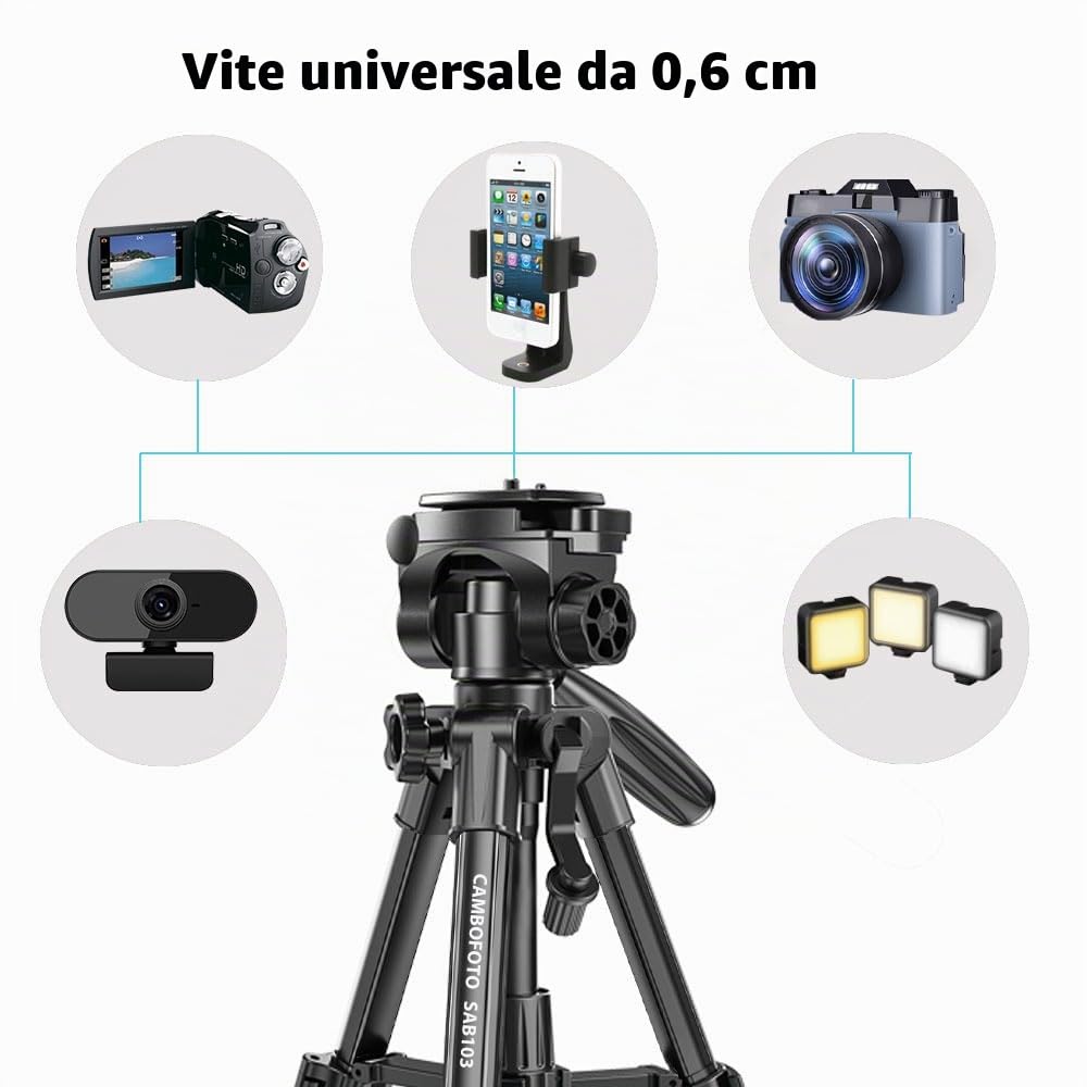 CAMBOFOTO Mini Treppiede da Viaggio 62cm Leggero, Treppiede Portatile per Smartphone/Fotocamera, Testa a Sfera 360°, 3 Sezioni Regolabili, Supporto fino a 2kg - Per Vlog, Viaggi