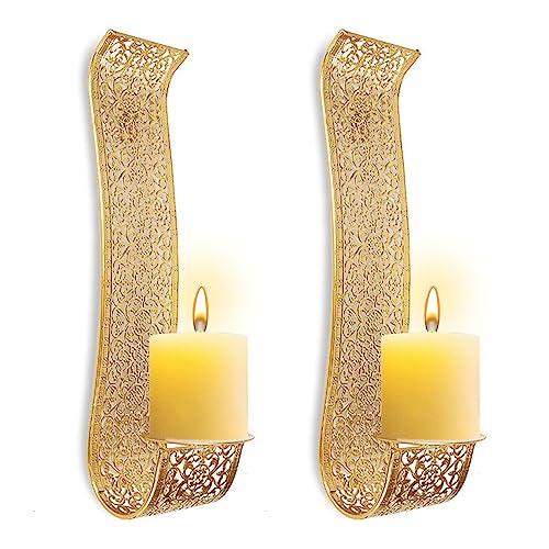 Shelving Solution Wall Sconce Candle Holder, 2pcs Gold Hollow Carved Exquisite Details Metal Wall Candle Holder for Living Room, Bedrooms, Office