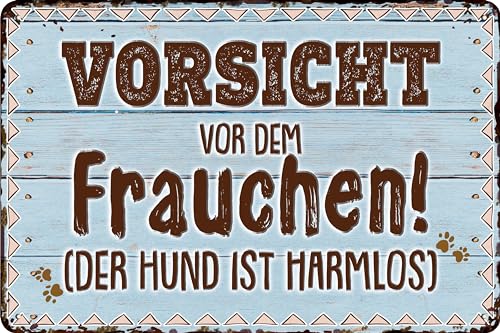 30 x 20 cm – Wetterfestes Hundeschild, Hunde Deko Schild, Lustiger Spruch für Hundebesitzer (Vorsicht vor dem Frauchen – der Hund ist harmlos!)