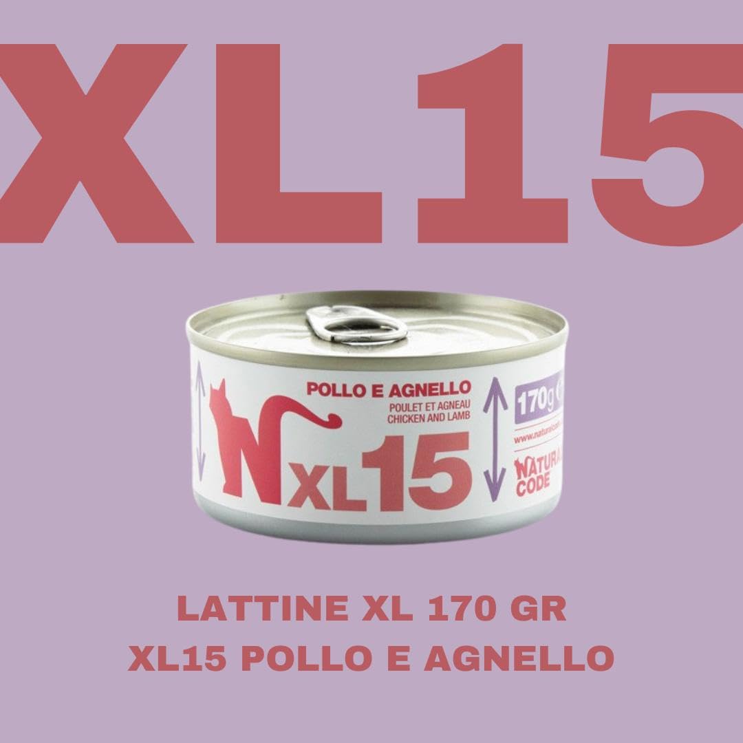 Natural Code - Comida húmeda para gatos adultos con sabor a pollo y cordero, número XL15, alimento completo en SFILACCETTI para gatos adultos de todas las tallas, altamente digerible | 12 latas de 170