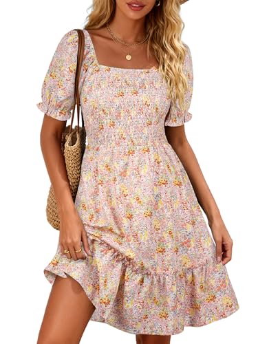 Berydress Womens Easter Dresses 2026 Spring Trendy Fashion Sundress with Pockets Square Neck Short Sleeve Pink Floral Smocked Dress(S 6295-Pink Flo)
