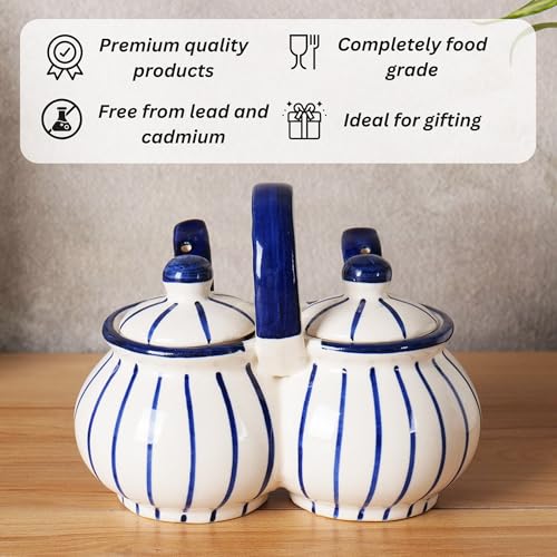 Image of Niyara Multipurpose Storage Ceramic Pickle set Jars & with Lid & tray (Set of 2, 300 ML) (Blue line design)