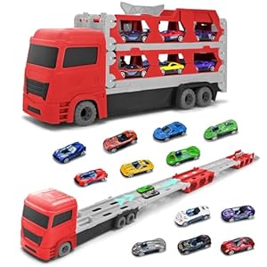Cugybue Transport Truck Toys Cars,Truck Toys for Kids 3-8,Portable Race Track Truck Toy Car with 12 Race Cars,Best Present Carrier Truck Vehicles Toys Set for Kids Boys Girls,Red
