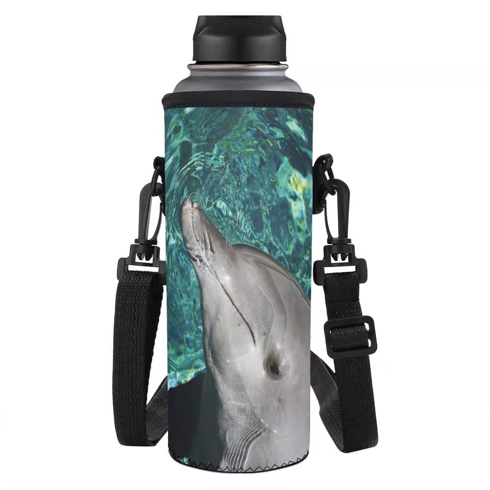 NETILGEN 3D Dolphin Print Water Bottle Sling Case Bag Carrier Holder Neoprene Water Bottle Sleeve Cooler Cover Pouch with Adjustable Shoulder Strap for Men Women Kids