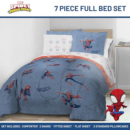 Image of Marvel Spiderman Full Comforter Set 7 Piece Bedding for Boys, Blue | Bed in a Bag, Comforter Sheets Shams Pillowcases, Official Product, Soft Microfiber, Machine Washable, Boys Gift