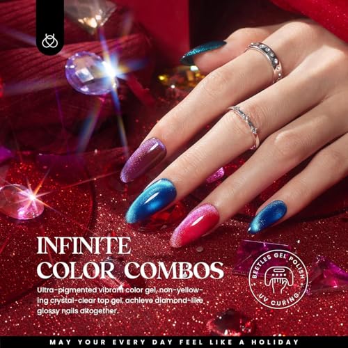 Image of Beetles Cat Eye Gel Nail Polish Set - 20 Colors Gemstone Party Gel Polish Set Pink Blue Red Purple Glitter with Magnet Pen Base Top Coat DIY Salon Manicure Soak Off UV LED Spring Gifts for Women