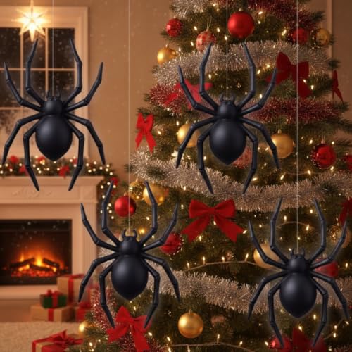 Image of Soulchen 12 Pcs Black Spider Halloween Hanging Ornaments Wooden Spooky Decorations with Pre Attached Invisible Thread for Halloween Party Haunted House Window Tree Party Decor