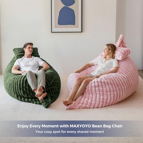Image of MAXYOYO Giant Bean Bag Chair with Pillow, 3 in 1 Convertible Bean Bag Chair for Adults with Removable Cover, Floor Cushion Stuffed Floor Lounger for Living Room Bedroom, Dark Green