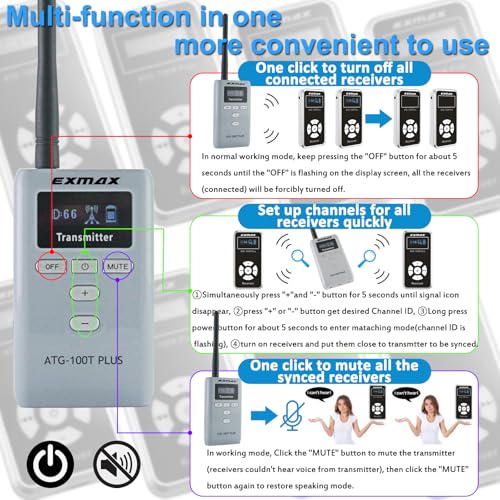 Sistema Inalámbrico de Transmisión de Audio para Guías Turísticos EXMAX ATG-100T PLUS 195 MHz (2 Transmisores y 25 Receptores, Estuche de Carga USB-C de 32 Ranuras) miniatura 6