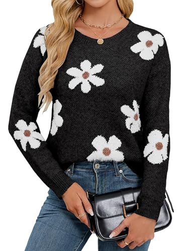 Womens Oversized Cute Flower Sweater Fall 2025 Trendy Ladies Dressy Fuzzy Knit Crew Neck Long Sleeve Pullover Top