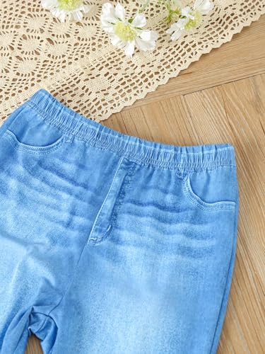 Image of Floerns Girl's 2 Piece Outfit Puff Long Sleeve Tee Flare Leg Denim Pants Set Blue and White 10Y