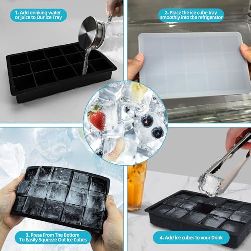 Cubetti Ghiaccio Silicone Stampo CNMTCCO Ghiaccio Stampo Confezione Da 4 Totale 60 Scomparti Fai Grande Cubetto Per Cocktail, Whisky, Vino, Frutta, Puree Di Frutta, Gelati (Nero) - immagine 6