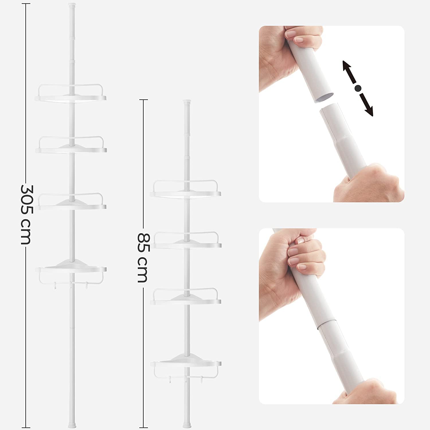 SONGMICS Mensola Doccia Telescopica e Regolabile, 4 Ripiani, Scaffale Angolare Bagno, Altezza 85-305 cm, Bianco BCB001A