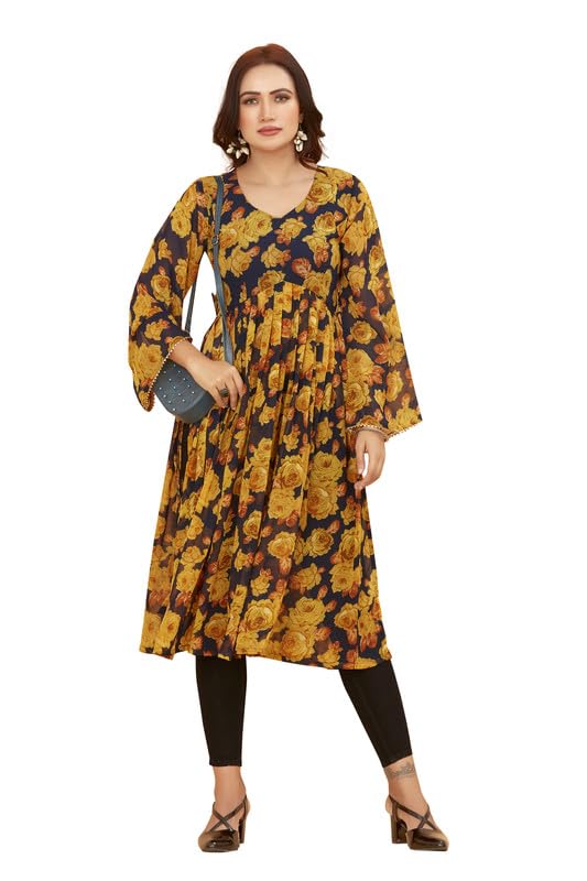 Image of ODD BY chansi TRENDZ Women's Poly Georgette Long Sleeves V-Neck Flared Kurti