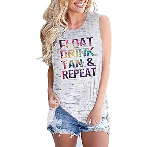 Susongeth Float Drink Tan & Repeat Tank Tops Women Beach Vacation Casual Vests Funny Letter Print Sleeveless Drinking T-Shirt - white - X-Large Cover